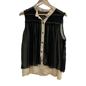 Office Chic Sleeveless Sheer Overlay Blouse‎ Allegra K Beige Collar XL